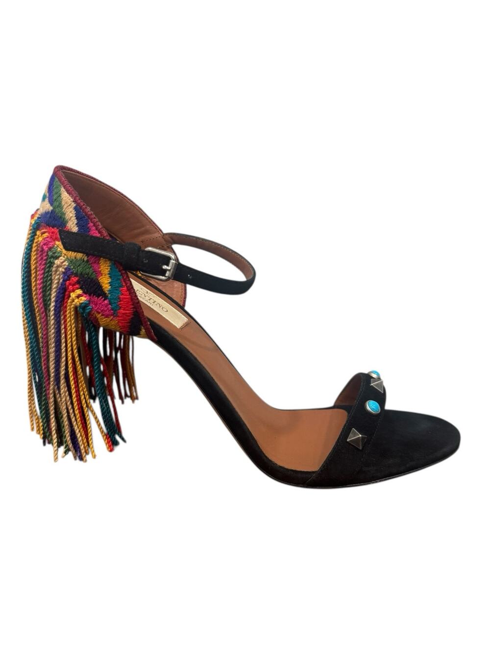 Valentino Garavani Rockstud Rolling Fringe Suede Heels Black Size 38.5 EU 8 US